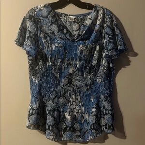 Blue and Black Ruffled Flutter Sleeve Blouse